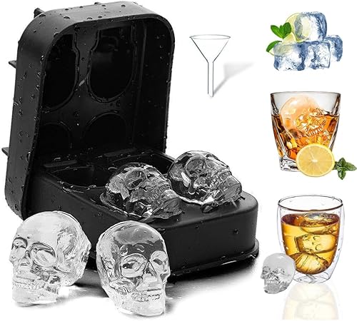 3D Totenkopf Silikon Eiswürfel FaJoek 4 Gitter Silikon Eiswürfelform, 3D Totenkopf Eiswürfelformen Eisformen 3D Schädel Model, für Gekühlte Getränke, Whisky und Cocktails (3D Skull) von FaJoek