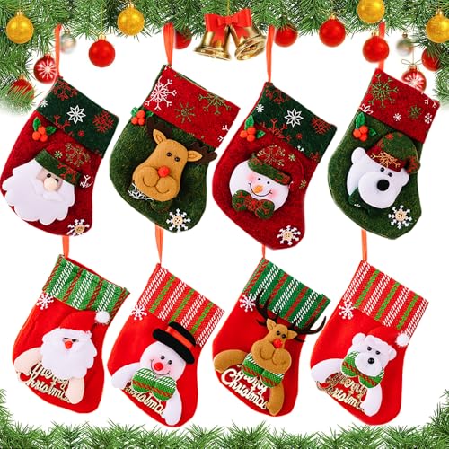 FaJoek Mini Weihnachtsstrumpf 8 Stück Weihnachtsstrumpf Set, Flachs Nikolausstrumpf, 3D Nikolaussocke, Kleine Weihnachtsstrümpfe, Weihnachtssocken Zum Aufhängen & Befüllen (S, Style A) von FaJoek