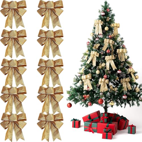 FaJoek Weihnachtsschleifen Rot 10 Stück Glitzer Weihnachten Schleifen, Weihnachten Schleifen Deko, Weihnachtsbaumschmuck Schleifen, Weihnachtsbaum Bogen Schleife (Gold) von FaJoek