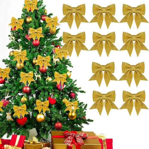 FaJoek Weihnachtsschleifen Rote, 10pcs Weihnachtsbaumschmuck Schleifen, Weihnachtsbaum Bogen Schleife, Geschenkschleife Glitzer, Dekoschleife, Weihnachtsbaumschleifen for Decorations (Gelb) von FaJoek