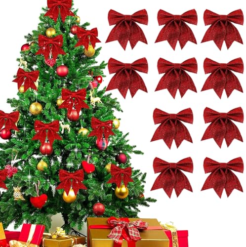 FaJoek Weihnachtsschleifen Rote, 10pcs Weihnachtsbaumschmuck Schleifen, Weihnachtsbaum Bogen Schleife, Geschenkschleife Glitzer, Dekoschleife, Weihnachtsbaumschleifen for Decorations (Rot) von FaJoek