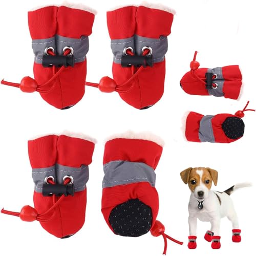 Hundeschuhe FaJoek 4 pcs Wasserdicht Hundeschuhe mit Reflektierenden Riemen,Hundeschuhe Pfotenschutz,Anti-Rutsch Hunde Pfotenschutz,Pfotenschutz für Hunde Winter,für Kleine Hunde (Rot, #5) von FaJoek