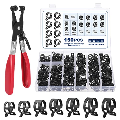 Faankiton 150Stk Schlauch Federklemmen Kraftstoffleitung Schlauchschellen Befestigung, 7 Größen 15-22mm Schlauchschellen Kraftstoffleitung Federbandschellen Rohrschellen Set mit Schlauchschellenzange von Faankiton
