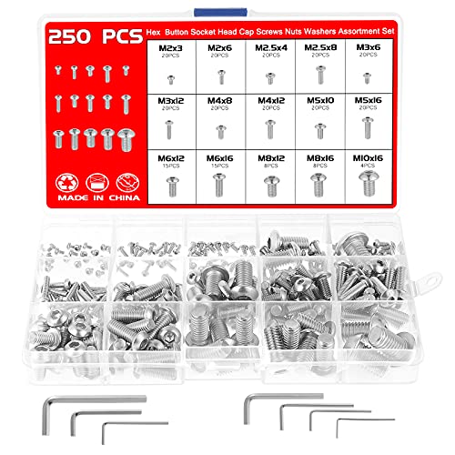 Faankiton 250PCS M2 M2.5 M3 M4 M5 M6 M8—M10 Innensechskant Edelstahl Schrauben Set Gewindeschrauben Set Metrisch mit 7 Stück Inbusschlüsseln von Faankiton