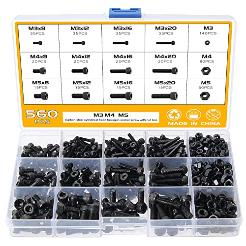 Faankiton 560STK M3 M4 M5 Zylinderschrauben mit Innensechskant Schrauben Set, Sechskantschrauben Innensechskant ;Muttern 12.9 Kohlenstoffstahl, Zylinderschrauben Schrauben Muttern Set von Faankiton