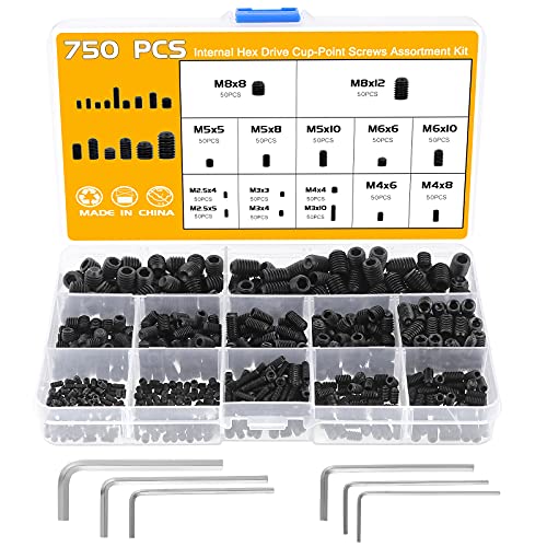 Faankiton 750 Stück Madenschrauben Set, M2.5 M3 M4 M5 M6 M8 Madenschrauben Sortiment Set, Innensechskant Gewindestifte Schrauben mit Inbusschlüsseln, Wurmschraube, Sechskantkopf Schrauben (Black) von Faankiton