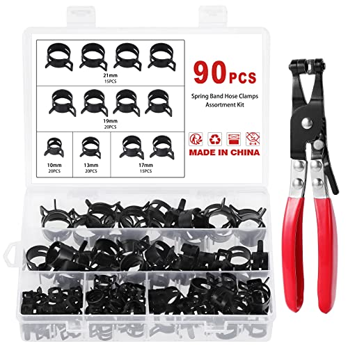Faankiton 90Stk Schlauch Federklemmen Kraftstoffleitung Schlauchschellen Befestigung, 5 Größen 10-21mm Schlauchschellen Kraftstoffleitung Federbandschellen Rohrschellen Set mit Schlauchschellenzange von Faankiton