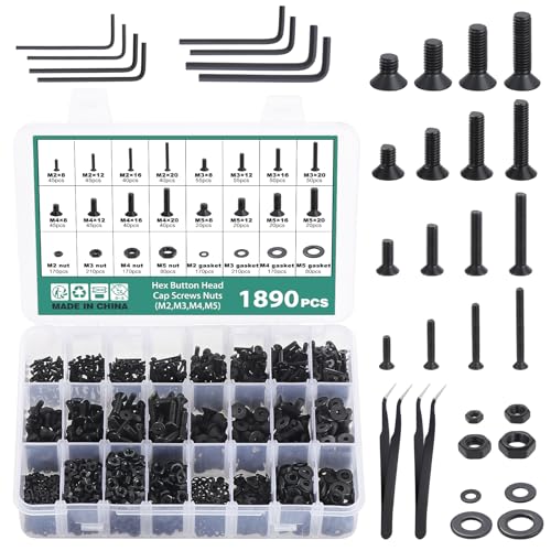 Faankiton 1890 STK Senkkopfschrauben Schrauben und Muttern Set, Innensechskant Sechskantschrauben Muttern Set, M2/3/4/5 Senkkopfschrauben Muttern und Unterlegscheiben, Flachkopf Maschinenschrauben von Faankiton