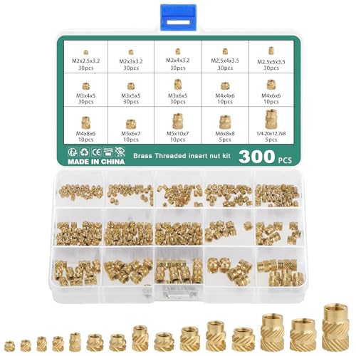 Faankiton 300 Stück Gewindeeinsatz, 3D Druck Messing Muttern M2 M2.5 M3 M4 M5 M6, Gewindeeinsatz Innengewinde Gerändelte Messingmuttern, 15 Größen Messing Einbettung Muttern für 3D Druckteile von Faankiton