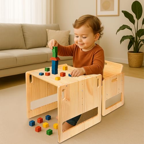 Faazy Montessori Beikosttisch und Stuhl-Set für Kleinkinder 1-3 Jahre, höhenverstellbar, Kinder-Tisch und Stuhl zum Lesen/Essen/Spielen, einfach aufzubauen von Faazy