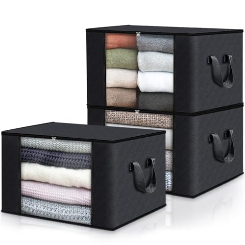 Fab totes 3er Pack Kleideraufbewahrung, faltbare Decken-Aufbewahrungstaschen, Aufbewahrungsbehälter für die Organisation von Schlafzimmer, Organisation und Aufbewahrung mit Deckel und Griff, schwarz von Fab totes