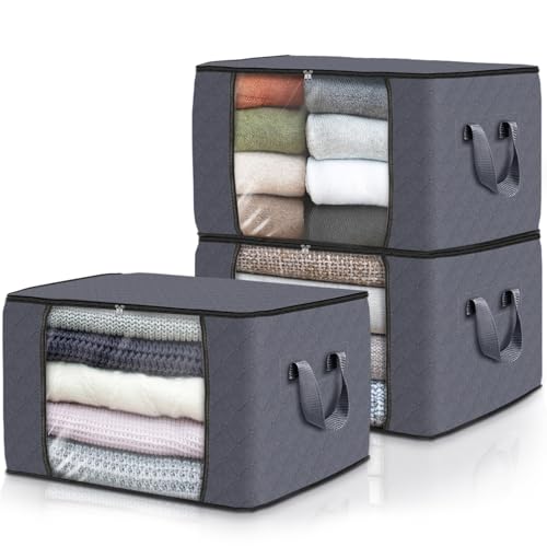 Fab totes 3er Pack Kleideraufbewahrung, faltbare Decken-Aufbewahrungstaschen, Aufbewahrungsbehälter für die Organisation von Schlafzimmer, Organisation und Aufbewahrung mit Deckel und Griff, grau von Fab totes