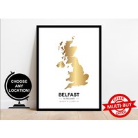 Beltz Nordirland Irgendein Ort Gold Silhouette Map Print Stadt Land Karte Wand Kunst Poster Vereinigtes Königreich Custom von FabPrintsUK