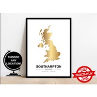 Southampton England Jeder Ort Gold Silhouette Karte Drucken Stadt Land Wand Kunst Poster Vereinigtes Königreich Custom von FabPrintsUK