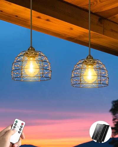 FabStyl Solar Hängeleuchte für Außen Innen, 1 Solarpanel versorgt 2 Boho Solarlampen mit Fernbedienung Helligkeit einstellbar, Timer IP65 wasserdicht für Garten Terrasse Pavillon Garage Balkon von FabStyl