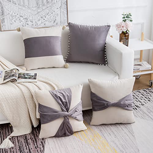 FabThing 4er-Set Kissenbezug Dekorative Kunstleder Kissenhülle Morden Design Sofakissen Samt Dekokissen Lendenkissen Einfarbig für Sofa Schlafzimmer 45x45cm Grau von FabThing