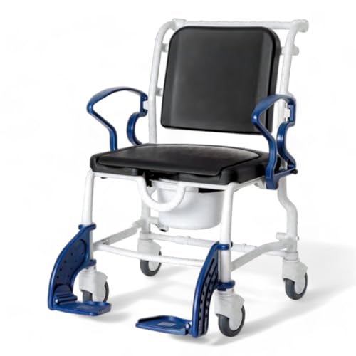FabaCare Dusch- Toilettenrollstuhl Denver XXL, bis 175 kg, Made in Germany, Premium Toilettenstuhl, Duschstuhl fahrbar, Rollstuhl mit WC Eimer, Grau-Blau von FabaCare