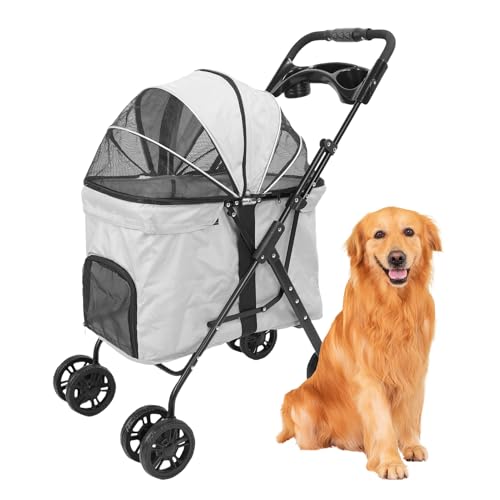 Fabater Atmungsaktives Mesh Folding Haustier Kinderwagen für Mittelgroße Hunde, Einfach mit Einem Knopfmechanismus mit 2 -Wege -Reißverschluss -Baldachin Abnehmbarer Lebensmittelab (Gray) von Fabater