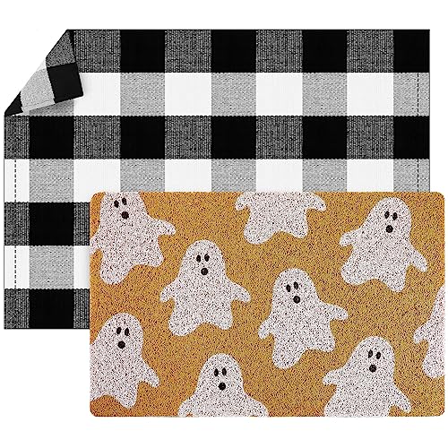 Fabbay 2 Stück Halloween-Herbst-Willkommens-Matte – Halloween-Geister-Design, schwarz-weiß, mehrlagiger Büffel-Teppich, Outdoor/Innen-Fußmatte für Haustür, Veranda von Fabbay
