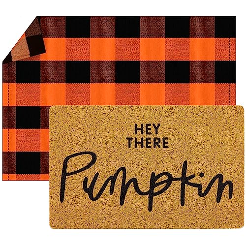 Fabbay Fußmatte für Herbst, Herbst, Willkommen, mehrlagig, Büffelkariert, Halloween, Kokosfaser, Kürbis-Teppich für Herbst, Erntedankfest, Halloween, Veranda, drinnen und draußen, kariert, Hey There von Fabbay