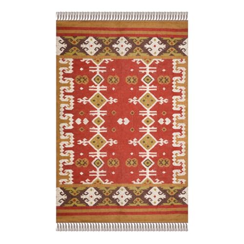 Handgewebter indischer Kelim-Teppich, groß, indischer Dhurrie aus roter Wolle, Jute, geometrisches Flachgewebe, turkmenischer Tribal-Rot, antiker Läufer, indischer Dhurrie in warmen Tönen von Fabcollectioncrafts