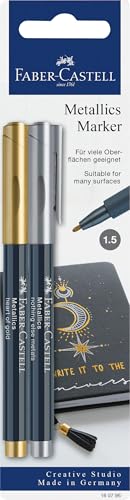 FABER-CASTELL 160796 - Metallics Marker mit Faserspitze, 1,5 mm Strichstärke, für viele Oberflächen geeignet, mit Metalliceffekt in gold und silber, 2er Set von FABER-CASTELL