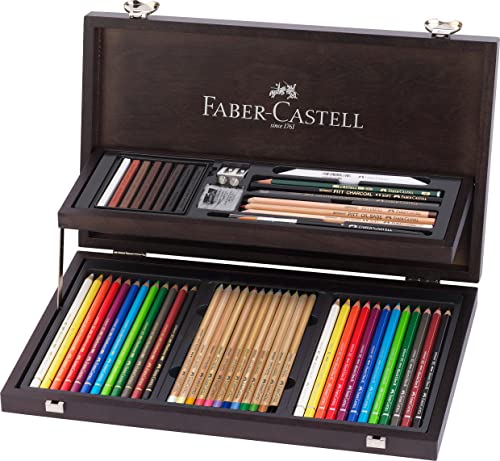 Faber-Castell 110084 - Art & Graphic Compendium Holzkoffer, 53-teilig, mit 12 Künstlerfarbstifte, 12 Aquarellstifte, 12 Pitt Pastels, Zubehör von Faber-Castell