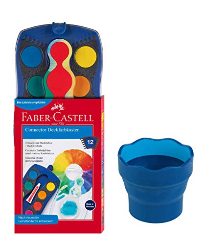 Faber-Castell 125001 - Farbkasten Blau Connector, 12 Farben (12er Farbkasten & Wasserbecher) von Faber-Castell
