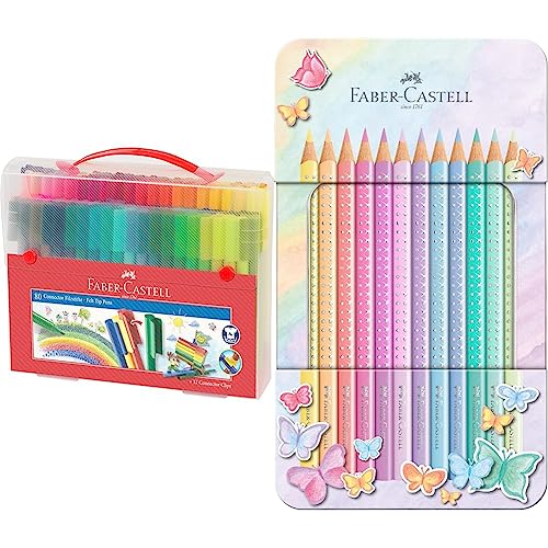 Faber-Castell 155579 - Filzstift Connector, im Koffer, 80-teilig, 1 Stück & 201910 - Buntstifte Sparkle Pastell, 12er Metalletui von Faber-Castell