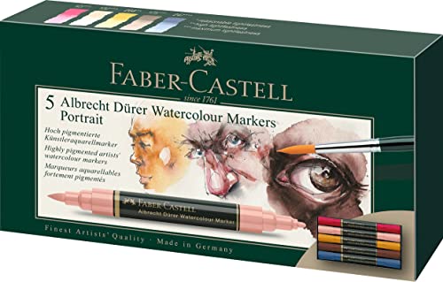 Faber-Castell 160307 - Aquarellmarker Albrecht Dürer mit Doppelspitze für flächigen und präzisen Farbauftrag, 5er Etui, Portrait, bunt von Faber-Castell