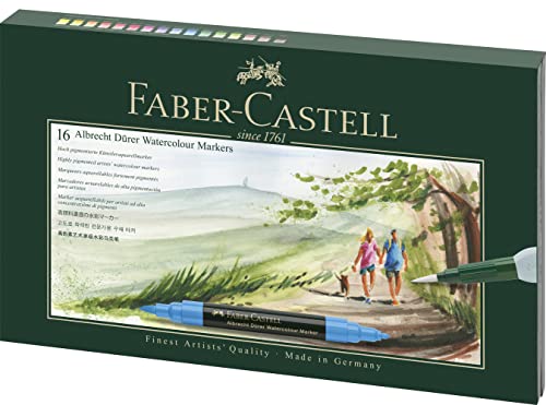 Faber-Castell 160318 Aquarellmarker Albrecht Dürer mit Doppelspitze für flächigen und präzisen Farbauftrag, inklusive Wassertankpinsel, 16er Etui, bunt von Faber-Castell