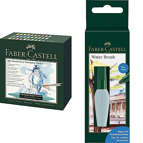 Faber-Castell 160330 Aquarellmarker Albrecht Dürer mit Doppelspitze für flächigen und präzisen Farbauftrag, 30er Etui, bunt & 185104 - Art & Graphic Wassertankpinsel fine, 1 Stück von Faber-Castell