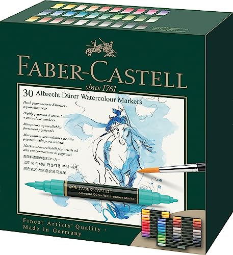 Faber-Castell 160330 Aquarellmarker Albrecht Dürer mit Doppelspitze für flächigen und präzisen Farbauftrag, 30er Etui, bunt von Faber-Castell