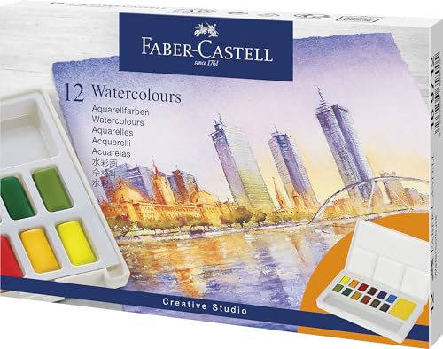 Faber-Castell 169712 - Aquarellfarben Set, 12 Farbnäpfchen, inkl. Mischpalette und Wassertankpinsel, für Einstiegs- und Hobbykünstler von Faber-Castell