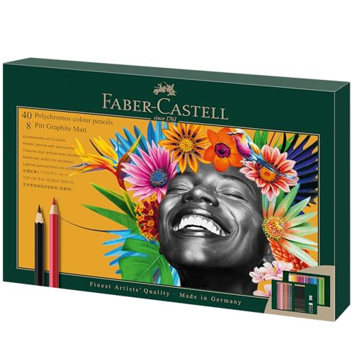 Faber-Castell 210054 Polychromos Malstifte, 40er-Buntstifte-Set, Leuchtende Farben mit dicken 3,8-mm-Minen, Inklusive 8 Pitt Graphite Matt Bleistifte, Radiergummi und Anspitzer von Faber-Castell
