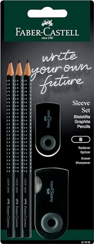 Faber-Castell 217059 - Bleistifte Set Sleeve, mit Spitzer, Radiergummi und 3 Bleistifte, Schreibset Grip 2001 schwarz von Faber-Castell