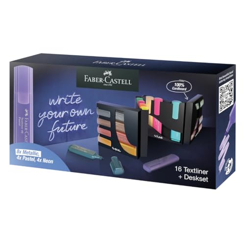 Faber-Castell 254603 Textmarker Set 16 Stück in einem stilvollen Schreibtisch-Organizer, Highlighter Pens mit Präzisions-Keilspitze, Leuchtende Farben, Ergonomisches flaches Design von Faber-Castell
