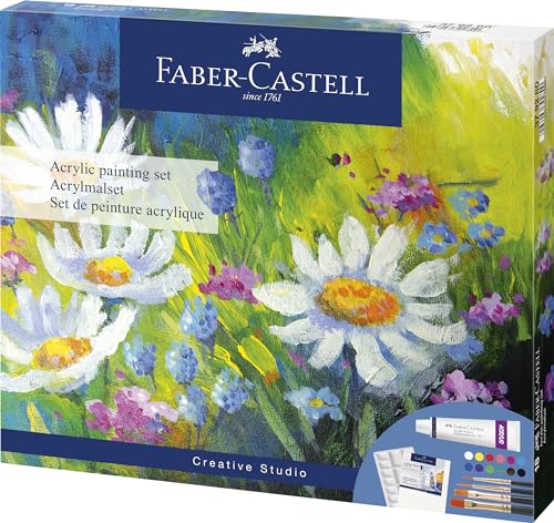 Faber-Castell 379280 - Acrylfarben Set 18-teilig, mit 12 Acrylfarben, Leinwand 20 x 25 cm, Mischpalette und 4 Pinsel von Faber-Castell