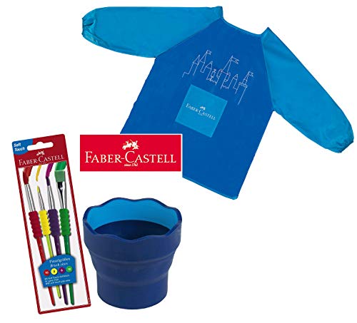 Faber-Castell 481600 Pinselset 4-teilig mit Softgriffstück Wasserbecher Malschürze (Komplett-Set, Blau, 3-teilig) von Faber-Castell