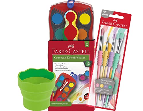 Faber-Castell - Farbkasten CONNECTOR mit 12 Farben, inklusive Deckweiß, (Mal-Set) inkl. Pastell-Softgrip-Pinsel und Wasserbecher hellgrün von Faber-Castell