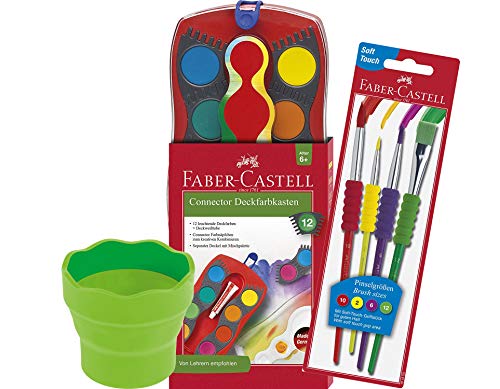 Faber-Castell - Farbkasten Connector mit 12 Farben, inklusive Deckweiß, (Mal-Set) inkl. Softgrip-Pinsel und Wasserbecher hellgrün von Faber-Castell