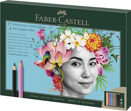 Faber-Castell 210052 Polychromos Malstifte, 17er-Buntstifte-Set, Leuchtende Farben mit dicken 3,8-mm-Minen, Inklusive 4 Pitt Graphite Matt Bleistifte, Radiergummi und Anspitzer von Faber-Castell