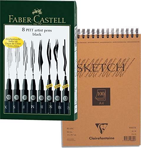 Tuschestift PITT ARTIST PEN schwarz im 8er Kunststoffetui + A4 Qualitäts-Spiral-Skizzenblock von Faber-Castell