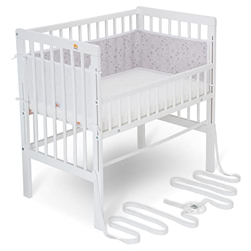 FabiMax Baby Beistellbett für Boxspringbett, TÜV geprüft 2022, inkl. Matratze Buche massiv weiß (Matratze Comfort, Graue Blümchen) von FabiMax