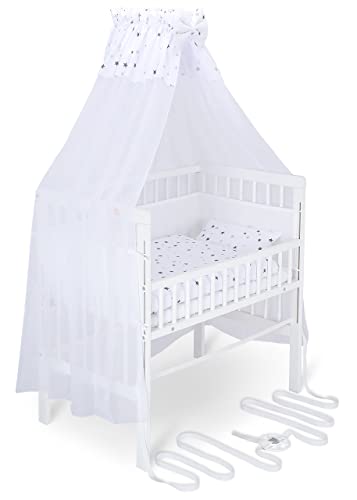 FabiMax Baby Beistellbett für Boxspringbett, TÜV geprüft 2022, inkl. Matratze und Komplett Set, Buche massiv weiß, Comfort/graue Sterne auf weiß von FabiMax