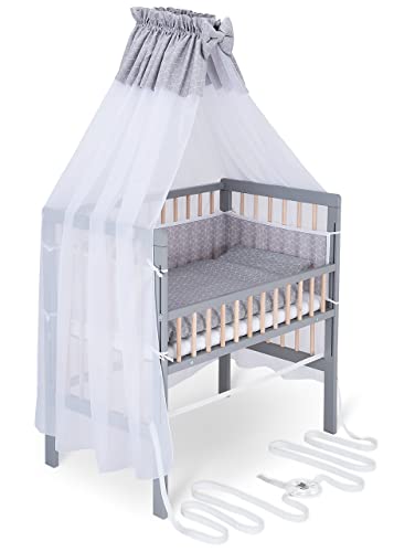 FabiMax Baby Beistellbett für Boxspringbett, TÜV geprüft 2022, inkl. Matratze und Komplettset, Buche massiv grau/Natur, Air/graue Würfel von FabiMax