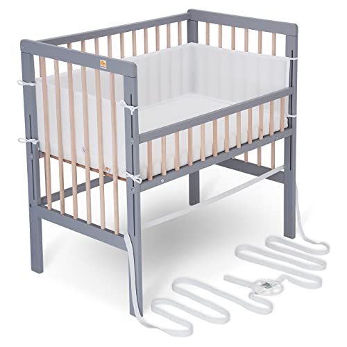 FabiMax Baby Beistellbett für Boxspringbett, TÜV geprüft 2022, inkl. Matratze und Nestchen aus Netzstoff, Buche massiv grau/Natur, Comfort/weiß von FabiMax