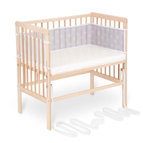 FabiMax Baby Beistellbett für Boxspringbetten, stufenlos höhenverstellbar, Buchenholz massiv, Natur (Matratze Air, Weiße Sterne) von FabiMax