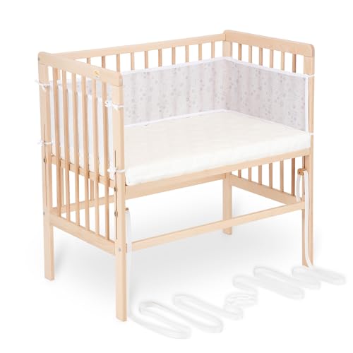 FabiMax Baby Beistellbett für Boxspringbetten, stufenlos höhenverstellbar, Buchenholz massiv, Natur (Matratze Classic, Graue Blümchen) von FabiMax