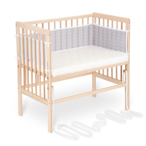 FabiMax Baby Beistellbett für Boxspringbetten, stufenlos höhenverstellbar, Buchenholz massiv, Natur (Matratze Comfort, Graue Würfel) von FabiMax
